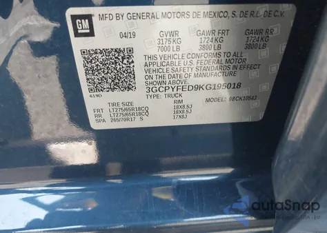 2019 Chevrolet Silverado 1500 Lt Trail Boss from USA, damaged, VIN 3GCPYFED9KG195018